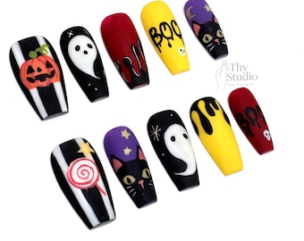 Halloween Press On Nails: Black Cat, Ghost & Pumpkin Nail Art