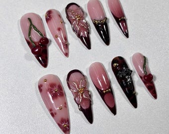 3D Cherry Blossom Press On Nails: Wine Red Floral, Gold Studs