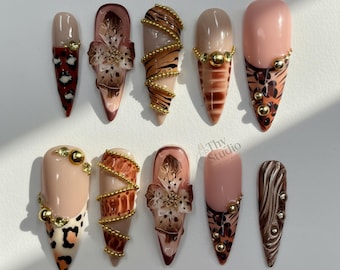 Velvet Bronze Leopard Press On Nails: 3D Floral Gold Bead Nail Set