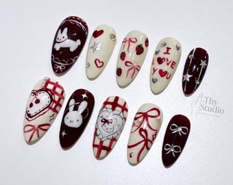 Hand-Painted Miffy Rabbit Press On Nails, Cherry Ribbon Bow, Valentine's Day Gift