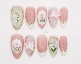 Spring Bloom Press On Nails: Pink Floral 3D Flower French Tips