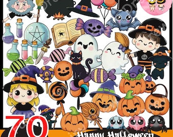 Halloween Clipart Set: 70 PNG Images, BlackandWhite and Color (Digital Download)