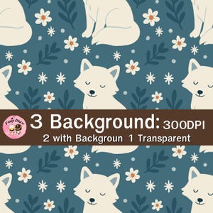 May include: A repeating pattern featuring white foxes, flowers, and leaves on a dark teal background. The image includes the text "3 Background: 300DPI" and "2 with Background 1 Transparent". The design has a whimsical, illustrative style.