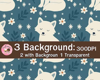 Cute Arctic Wolf Seamless Pattern | White & Blue Background | PNG Transparent | 3000x3000 px | Kawaii Animal Digital Paper