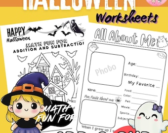 Halloween Math Worksheets: Addition, Subtraction, Shapes (Printable PDF)