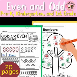 May include: Educational worksheet for Pre-K, Kindergarten, and 1st Grade students. The pages feature activities to learn about even and odd numbers. Includes a train graphic and a tree with apples. The text on the pages says "Odd or Even" and "Numbers".