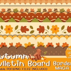 May include: A digital illustration of autumn-themed bulletin board borders. The design features various decorative elements like acorns, leaves, and flowers in shades of brown, orange, and yellow. The text "Autumn Bulletin Board Borders" is displayed prominently.