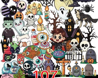 Halloween Clipart Bundle | 107 PNG Images | Color + Black & White | 300 DPI Digital Download