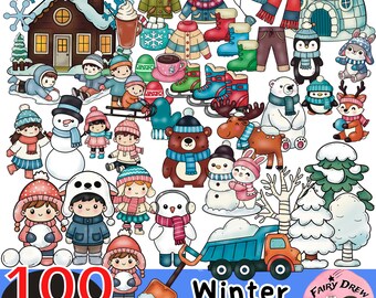 Winter Clipart Bundle 100 Images PNG Color and Black and White