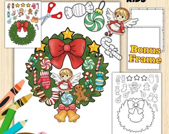 Christmas Wreath Craft Printable | Cut and Paste, Coloring Pages & Stickers for Kids (PDF + PNG)