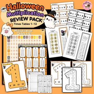 Könnte beinhalten: Ein Halloween-Multiplikations-Übungspaket mit Lernblättern für das Einmaleins von 1 bis 12. Das Set enthält Tabellen, Zählübungen und Arbeitsblätter in Zahlenform, die mit Geistern, Katzen sowie orangefarbenen und schwarzen Motiven verziert sind.