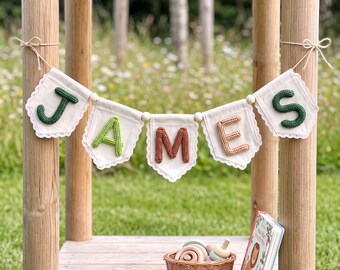Customized Yarn Letter Bunting Banner, Lace Trim Canvas Garland, Nursery Wall Hanging, Baby Shower & Birthday Decor Gift