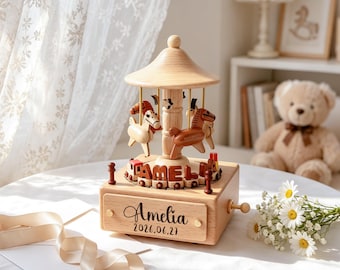 Wooden Rotating Train Music Box With Custom Name, Christening Baptism Gift Kids Birthday Graduation Sentimental Present