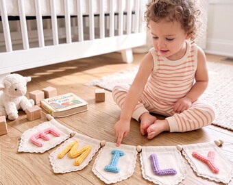 Personalized Yarn Letter Bunting, Lace Canvas Name Garland, Kids Room Wall Hanging, Baby Shower Photo Prop Gift