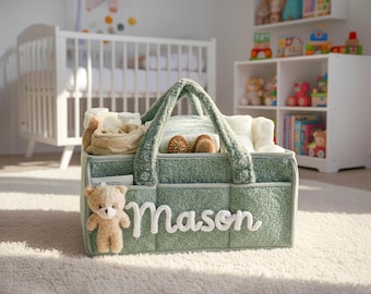 Cesta de peluche personalizada para bebé: compartimentos laterales suaves, organizador de guardería personalizado con osito