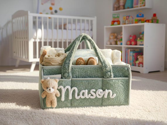 Personalized Plush Baby Storage Basket: Soft Bin Side Pockets, Custom Nursery Organizer with Bear