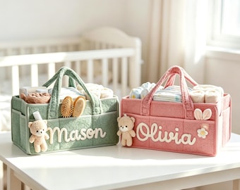 Organizador de pañales personalizado para bebé: cesta de regalo personalizada con nombre y nombre para baby shower de niño y niña.