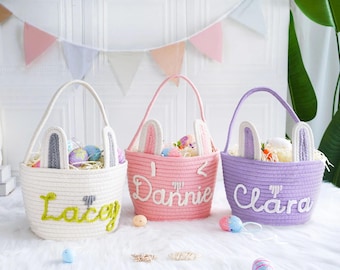 Personalized Easter Basket With Kids Name ,Customized Bunny Ear Rope Basket,Boy Girls Easter Basket,Easter Gift,Baby Shower Gift