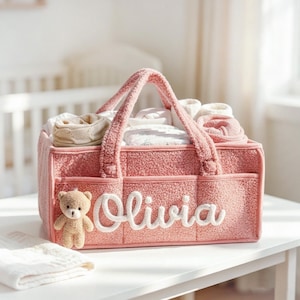 Zachte pluche luiertas met 3D-beer, aangepaste naam babykameropberger