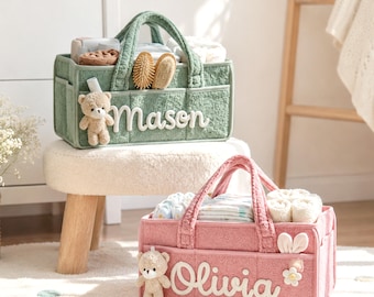 Organizador de pañales personalizado para bebé: Nombre personalizado, cesta de regalo para baby shower de niño o niña.
