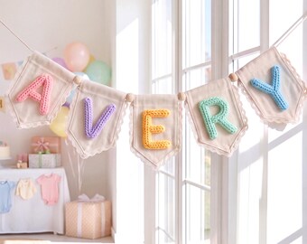 Personalized Name Bunting Garland, Textured Yarn Letter Banner, Lace Pennant for Nursery Wall, Baby Shower & 1st Birthday Gift