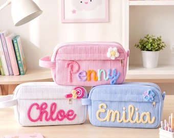 Personalized Corduroy Pencil Case : Custom Yarn Name Pouch, Monogram Pencil Bag, Back to School Gift, Kids Stationery Gift