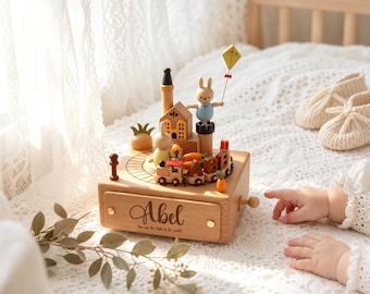 Bunny Wooden Music Box With Name On the train, Custom Baby Gift, ,Baby's First Birthday,Toddler Gift,Personalized Baby Shower Gift