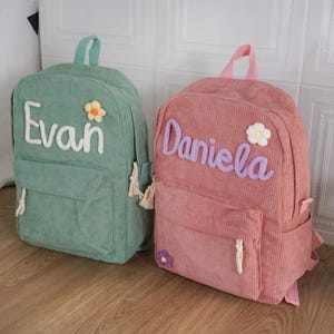 Personalized Corduroy Toddler Backpack Set: Hand-Stitched Yarn Name