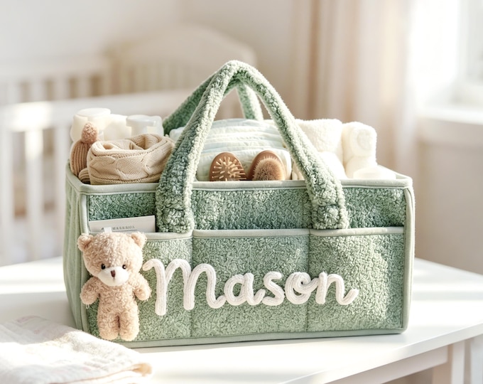 Personalized Plush Baby Storage Basket:  Soft Bin Side Pockets, Custom Nursery Organizer with Bear