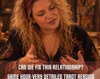 May include: A tarot reading service featuring the text CAN WE FIX THIS RELATIONSHIP? SAME HOUR-VERY DETAILED TAROT READING. The image shows a person with curly blonde hair wearing a dark patterned top, gesturing over tarot cards.