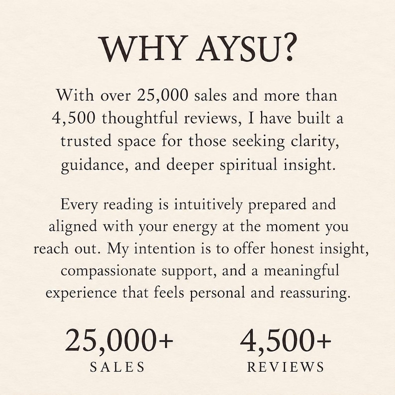 May include: A beige informational graphic with dark brown text titled WHY AYSU? It states over 25,000 sales and 4,500 reviews, describing services for clarity, guidance, and spiritual insight, emphasizing honest, compassionate, and personal support.