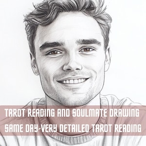 May include: A black and white drawing of a man with short, wavy hair. He is smiling and looking directly at the viewer. The text "Tarot Reading and Soulmate Drawing Same Day - Very Detailed Tarot Reading" is at the bottom of the image.