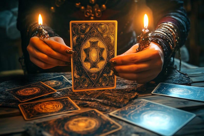 May include: A fortune teller holds a tarot card with a star design in the center. The card is surrounded by other tarot cards on a wooden table with a dark cloth.