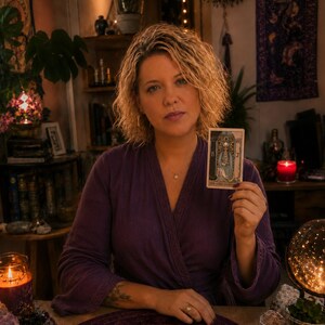 Peut inclure: Une personne portant un haut violet style cache-c&oelig;ur tient une carte de tarot intitul&eacute;e The High Priestess, illustrant une figure assise entre deux piliers marqu&eacute;s des lettres B et J, dans un espace int&eacute;rieur sombre aux tons chauds.