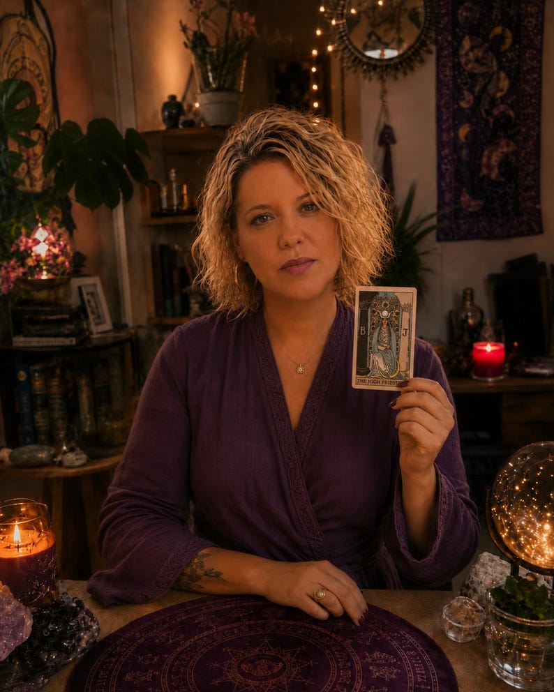 Peut inclure: Une personne portant un haut violet style cache-c&oelig;ur tient une carte de tarot intitul&eacute;e The High Priestess, illustrant une figure assise entre deux piliers marqu&eacute;s des lettres B et J, dans un espace int&eacute;rieur sombre aux tons chauds.