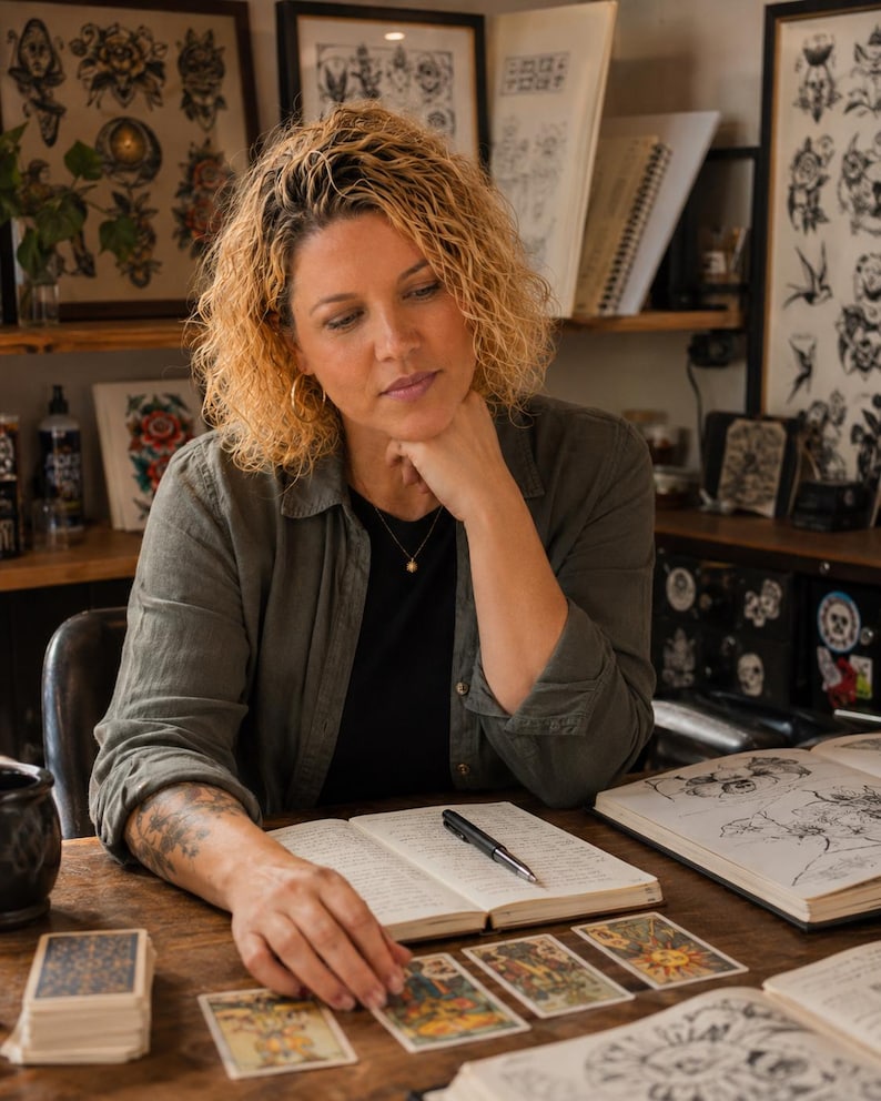 May include: A person with curly blonde hair wearing an olive green button-down shirt over a black top, sitting at a wooden table with an open notebook, a black pen, and a deck of tarot cards laid out in a row, with tattoo flash art in the background.
