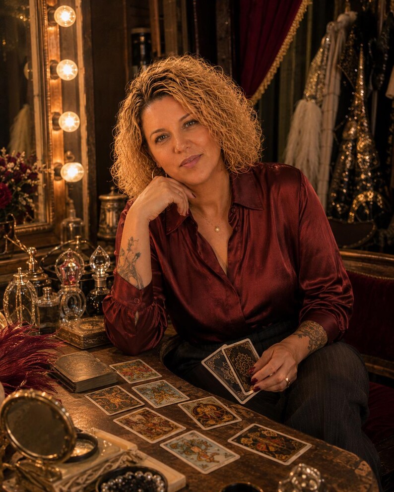 May include: A person with curly blonde hair wearing a long-sleeved, button-down, dark red satin shirt. The person is seated at a wooden table with several tarot cards spread out, holding one card in their hand. A vanity mirror with lights is visible.