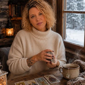 May include: A person with curly blonde hair wearing a cream-colored ribbed turtleneck sweater, holding a deck of tarot cards. On the wooden table are four tarot cards laid out in a row, a steaming ceramic mug with a tea bag, and a textured knit fabric.