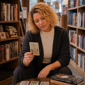 May include: A person holding a tarot card featuring a sun illustration, wearing a dark gray cardigan over a white shirt. On the wooden table are several tarot cards, a deck of cards, and two books titled The Wild Unknown Tarot and Tarot For Your Self.