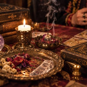May include: A collection of mystical items including a purple crystal sphere, two antique leather-bound books with gold embossed symbols, a lit white candle in a brass holder, a brass bowl with dried flower petals, and a clear quartz crystal.