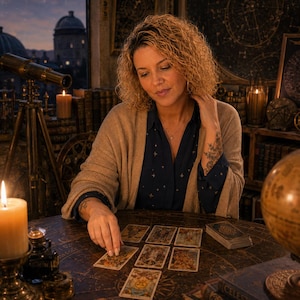 May include: A person wearing a dark blue button-down shirt with a small star pattern and a tan knit cardigan, sitting at a round table with a celestial map design, arranging a spread of tarot cards with a deck and a Celestial Atlas book nearby.