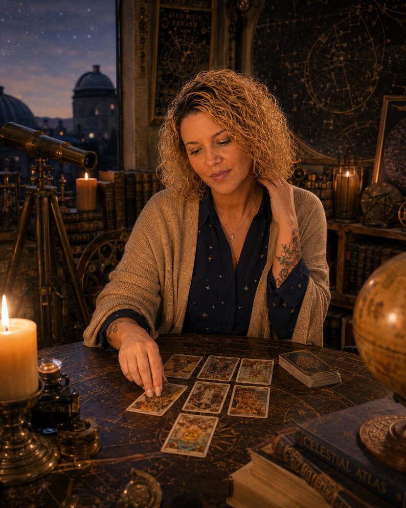 May include: A person wearing a dark blue button-down shirt with a small star pattern and a tan knit cardigan, sitting at a round table with a celestial map design, arranging a spread of tarot cards with a deck and a Celestial Atlas book nearby.