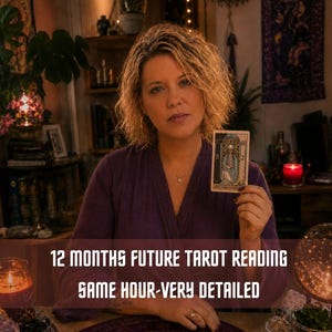 May include: A person wearing a purple long-sleeved top holding a tarot card featuring The High Priestess. The image includes the text: 12 MONTHS FUTURE TAROT READING SAME HOUR-VERY DETAILED. The setting includes a purple circular mat and candles.