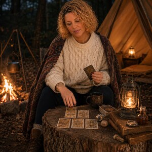 May include: A person wearing a cream-coloured cable knit jumper and a dark patterned shawl sits at a wooden stump table. They are holding a tarot card while five other cards are laid out on the surface alongside a dark mug and a lit lantern.