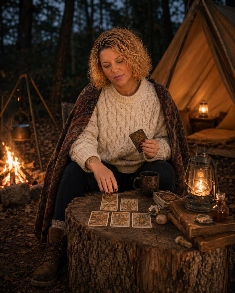 May include: A person wearing a cream-coloured cable knit jumper and a dark patterned shawl sits at a wooden stump table. They are holding a tarot card while five other cards are laid out on the surface alongside a dark mug and a lit lantern.