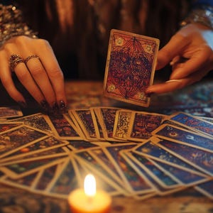 Pu&ograve; includere: Una cartomante stende un mazzo di carte dei tarocchi su un tavolo con due candele accese. Le carte hanno disegni intricati e sono disposte in un cerchio. La cartomante tiene una singola carta con un design colorato.