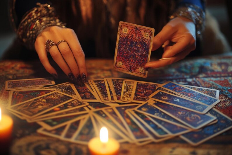 Pu&ograve; includere: Una cartomante stende un mazzo di carte dei tarocchi su un tavolo con due candele accese. Le carte hanno disegni intricati e sono disposte in un cerchio. La cartomante tiene una singola carta con un design colorato.