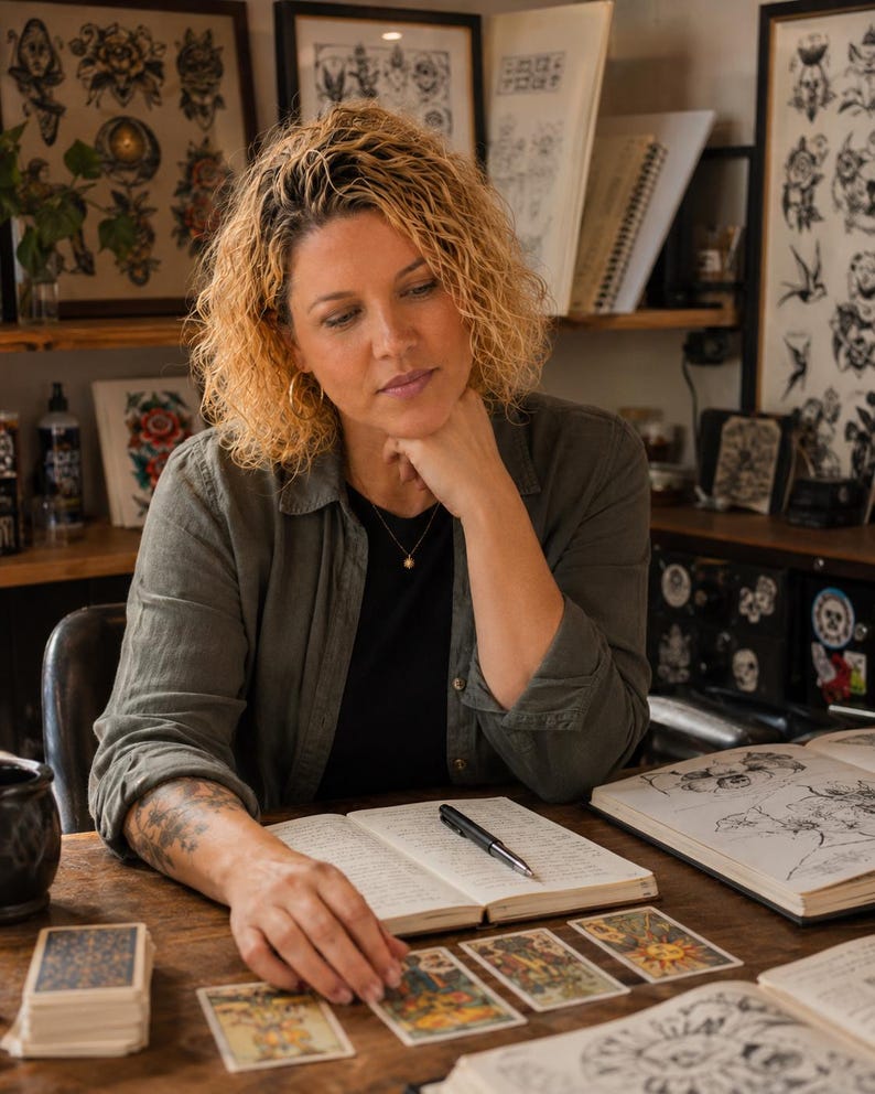 Peut inclure: Une personne aux cheveux blonds boucl&eacute;s portant une chemise boutonn&eacute;e vert olive sur un haut noir, assise &agrave; une table en bois avec un carnet ouvert, un stylo noir et un jeu de cartes de tarot dispos&eacute; en rang&eacute;e, avec des dessins de tatouage en arri&egrave;re-plan.