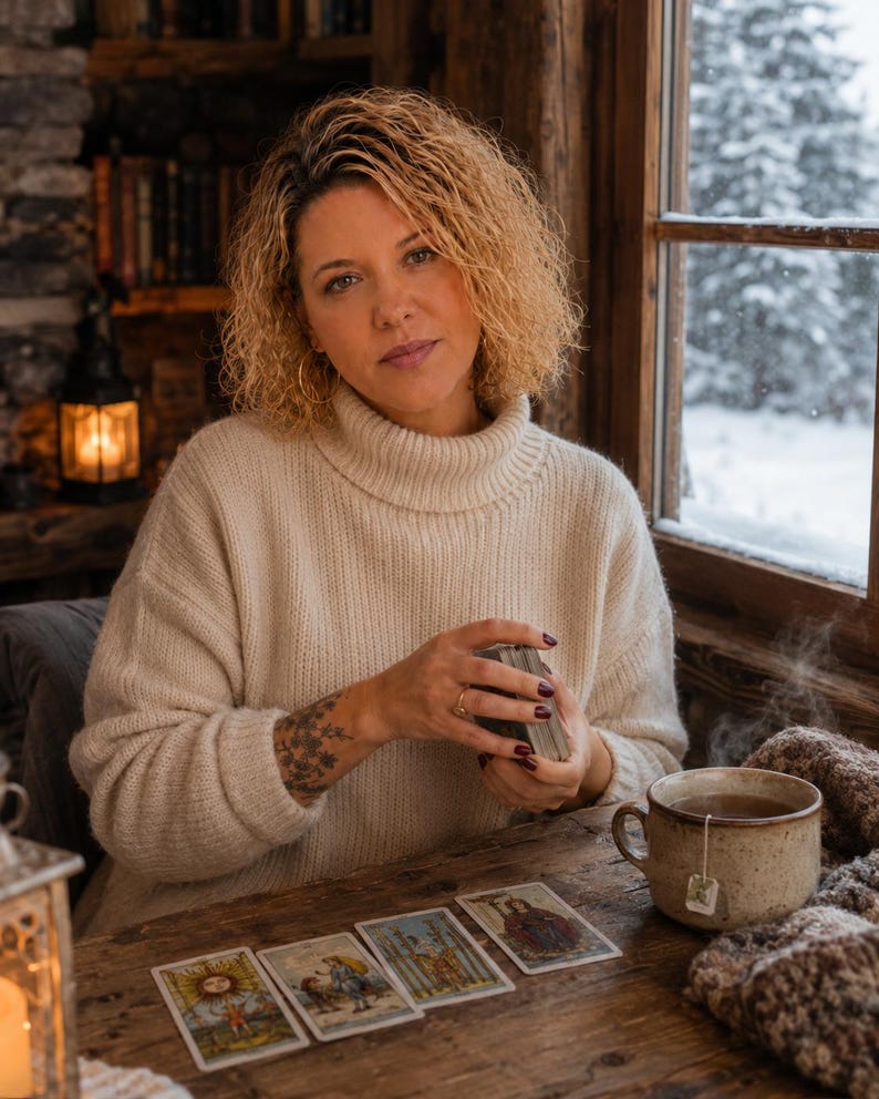 Peut inclure: Une personne aux cheveux blonds boucl&eacute;s portant un pull &agrave; col roul&eacute; c&ocirc;tel&eacute; de couleur cr&egrave;me, tenant un jeu de cartes de tarot. Sur la table en bois sont dispos&eacute;es quatre cartes de tarot, une tasse en c&eacute;ramique fumante et un tissu en tricot textur&eacute;.