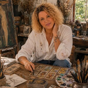 May include: A person with curly blonde hair wearing a white button-down shirt with paint splatters, sitting at a wooden table with a deck of tarot cards, a pen, and various art supplies including paintbrushes and a palette in a studio.